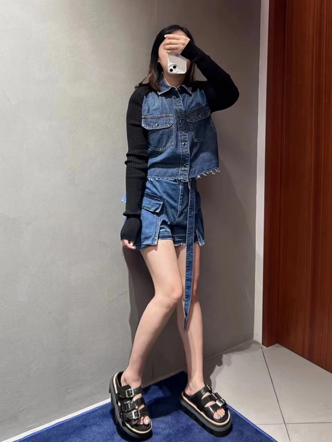 FOG SACAI Casual Denim orts Spring Summer 2024 New Sle Double Sided Large ket Belt Versatile orts High Waist Straigh...