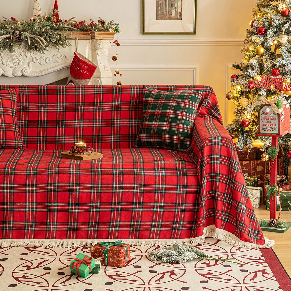 Christmas Plaid Red Sofa Towel Throw, American Retro Multi-Purpose Blanket Non-Slip Full Cover Hotel Sofa Cover Protector Cover