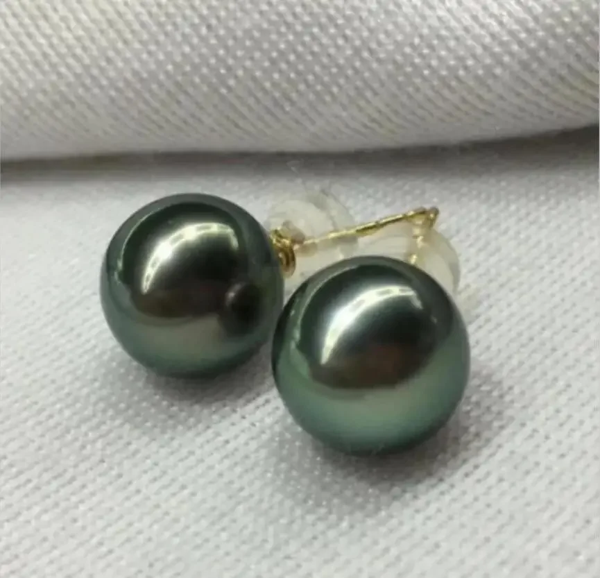 charming pair of 9-10mm tahitian black green pearl   earring