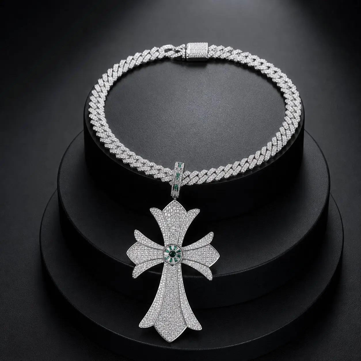 Silver Iced Out Cross Pendant Necklace Men Green Crystal Hip Hop Bling Cuban Chain Statement Jewelry