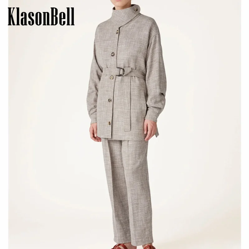 

7.26 KlasonBell Women Wool Cotton Blend Stand Collar With Sashes Stand Waist Jacket Coat Or Double Button High Waist Pants Set