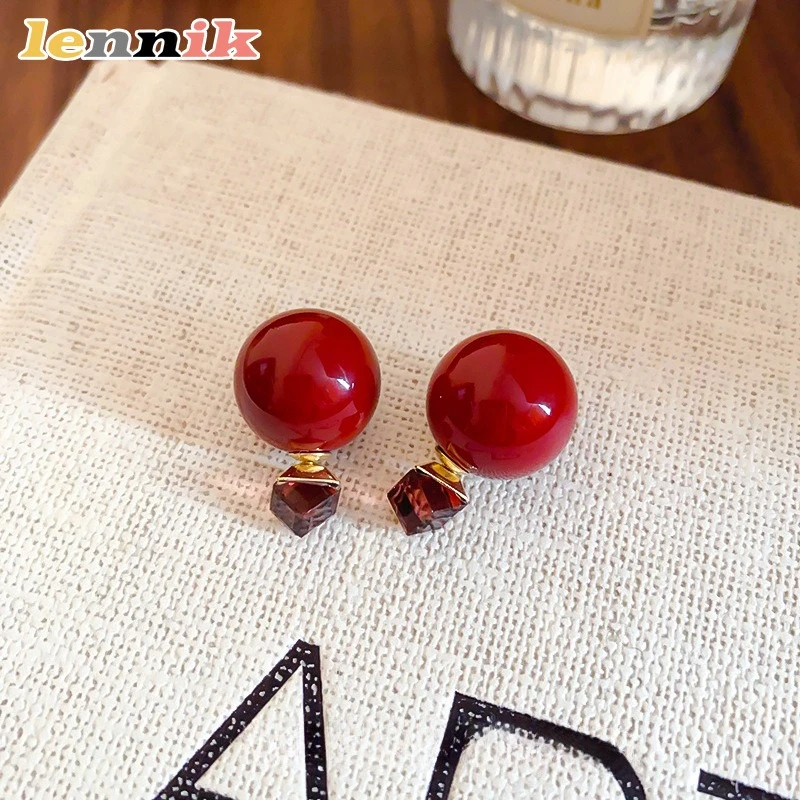 LENNIK Pendientes redondos cuadrados con incrustaciones de diamantes y aguja de plata, un pendiente simple de dos usos, pendientes de temperamento de moda