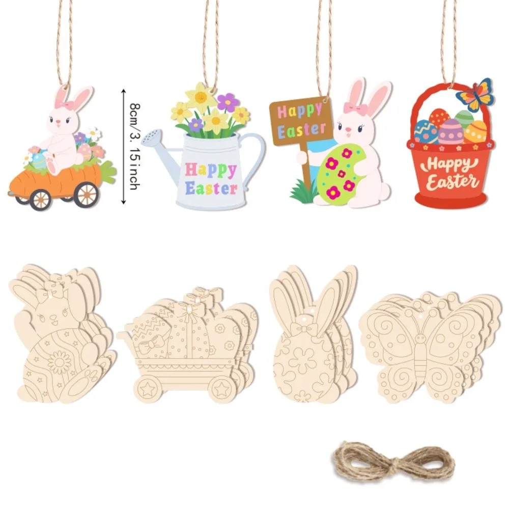 16/24/32pcs Fun Handmade Crafts Easter Pendant DIY Painting Hanging Wood Pendant Easter Egg Pendant Holiday Decoration