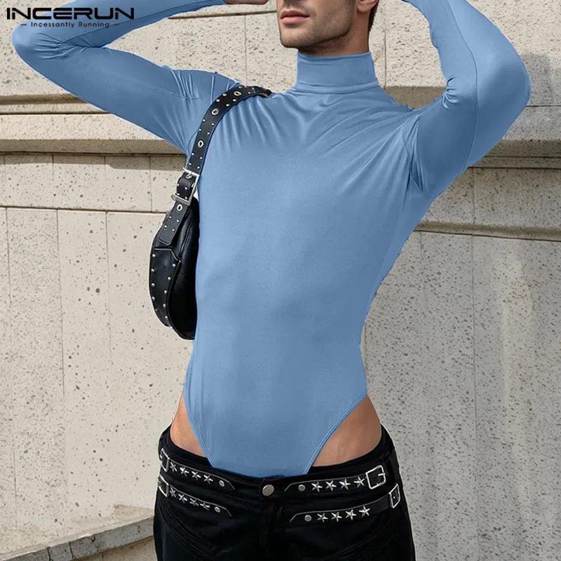 INCERUN 2024 American Style Rompers New Men Fashion Solid Color Jumpsuits Sexy Casual Male Thimble Design Long Sleeved Bodysuits