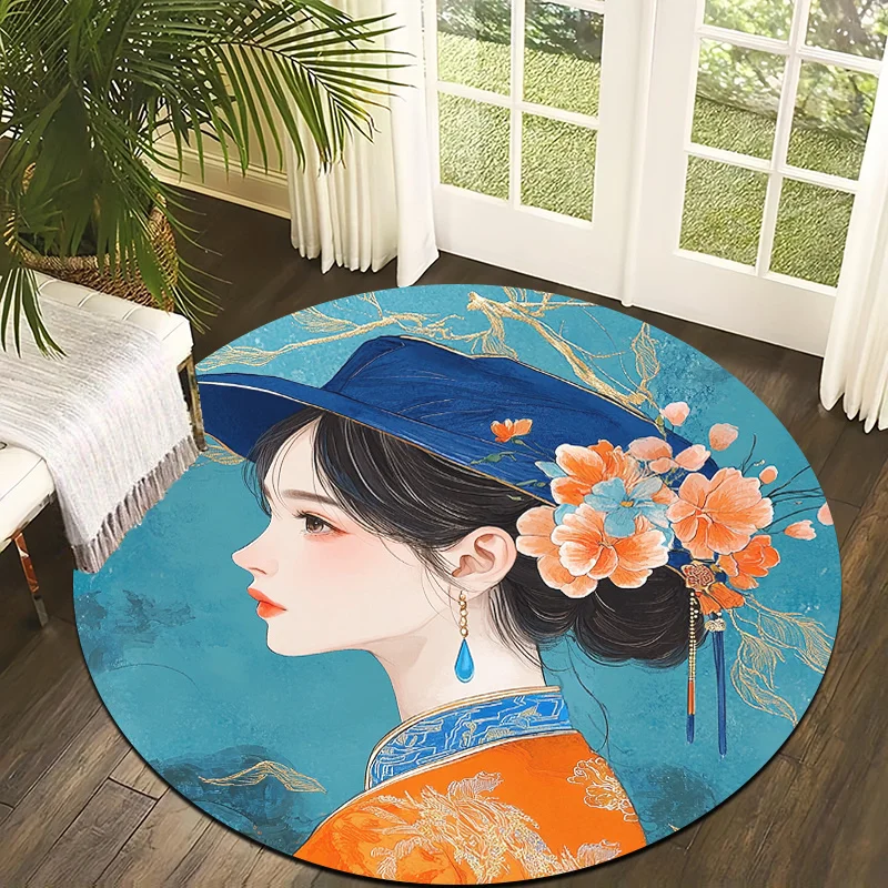 Retro court lady style Flannel-printed round floor mats are slip-resistant Suitable living room bedroom terrace garden carpets