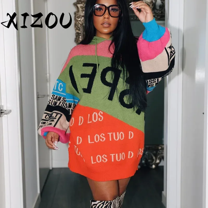 XIZOU Autumn Winter Women Sweaters O Neck Long Sleeve Hooded Color Block Pullover Letter Print Oversized Sweater Streetwear