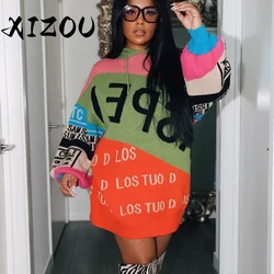 XIZOU Autumn Winter Women Sweaters O Neck Long Sleeve Hooded Color Block Pullover Letter Print Oversized Sweater Streetwear