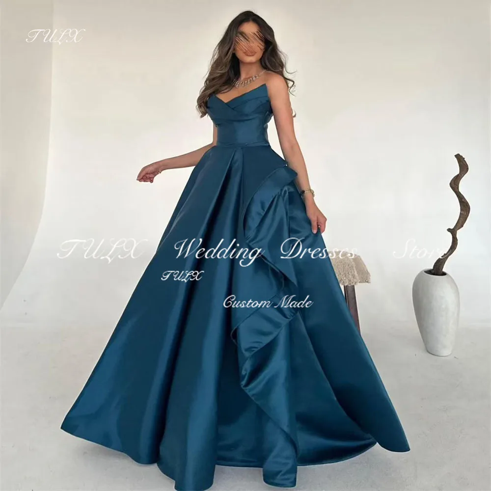 

TULX Elegant V Neck Evening Dress Satin A Line Sleeveless Draped Formal Party A-line Long Off Shoulder Occasion Dress Customized