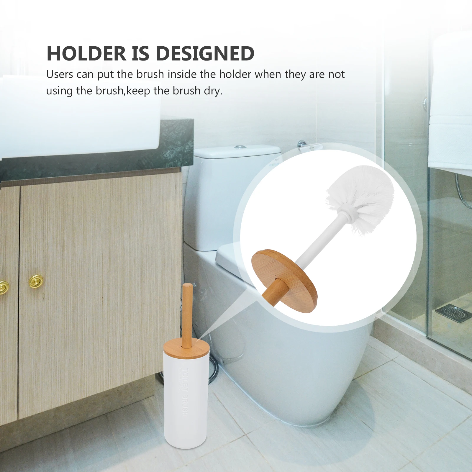 

1pc Plastic Bamboo Toilet Brush Holder White Long Handle Dense Bristles Cleaner Bathroom Hotel Office Supplies
