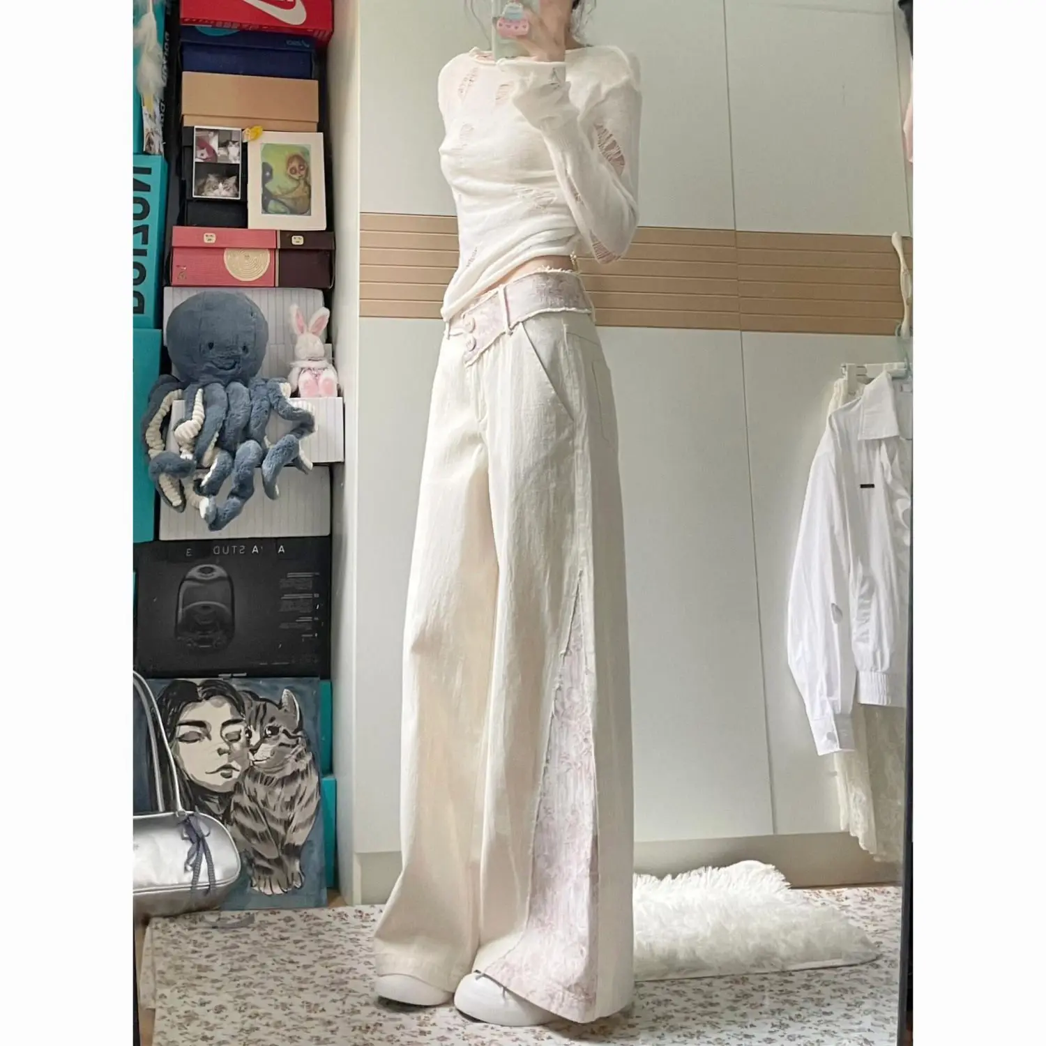 

Винтажные белые джинсы с кружевными вставками, широкие, свободные, прямые, длинные брюки для женщин, модные брюки-карго с высокой талией