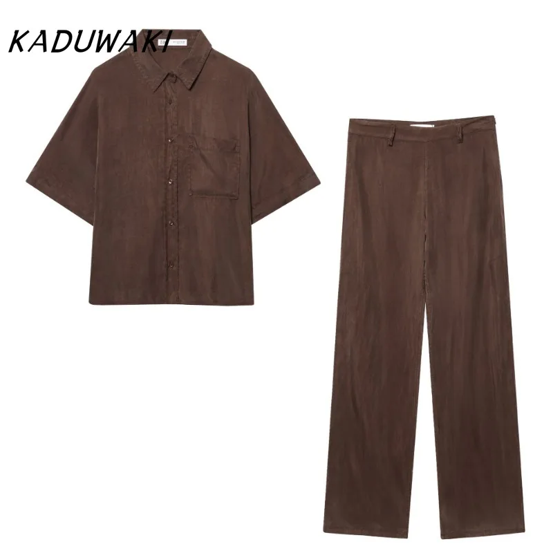 

KADUWAKI Chic Tops Pants Suits Elegant Turn Down Collar Short Sleeve Blouse High Waist Straight Trousers Chic Lady Leisure 2pcs
