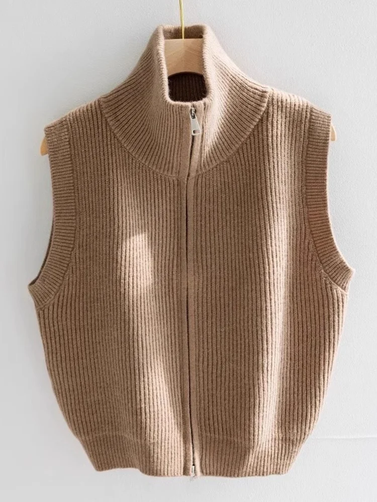 

Comfortable Simple High Collar Double Zipper Knitted Vest Slimming Base irt Tank Top Korean Sle Commute Pure Color Spring...