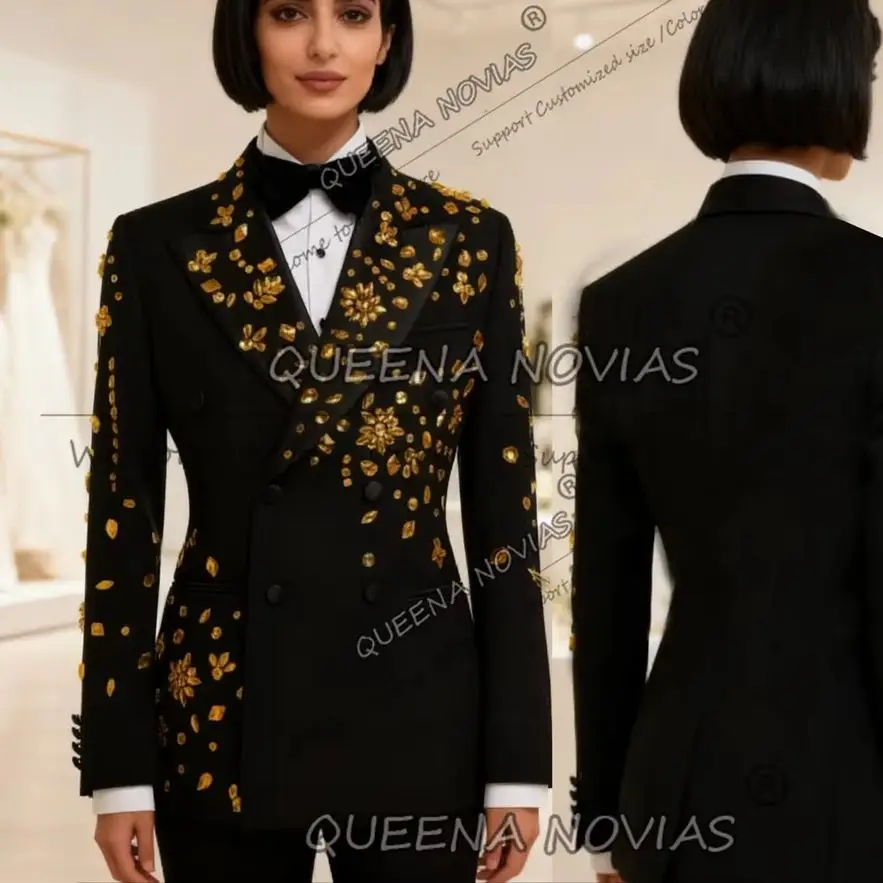 Exclusive Gold Diamond Beaded Suits Women 2 Pieces Double Breasted Jacket Pants Customized Bride's Mother Dress Wedding Tuxedos