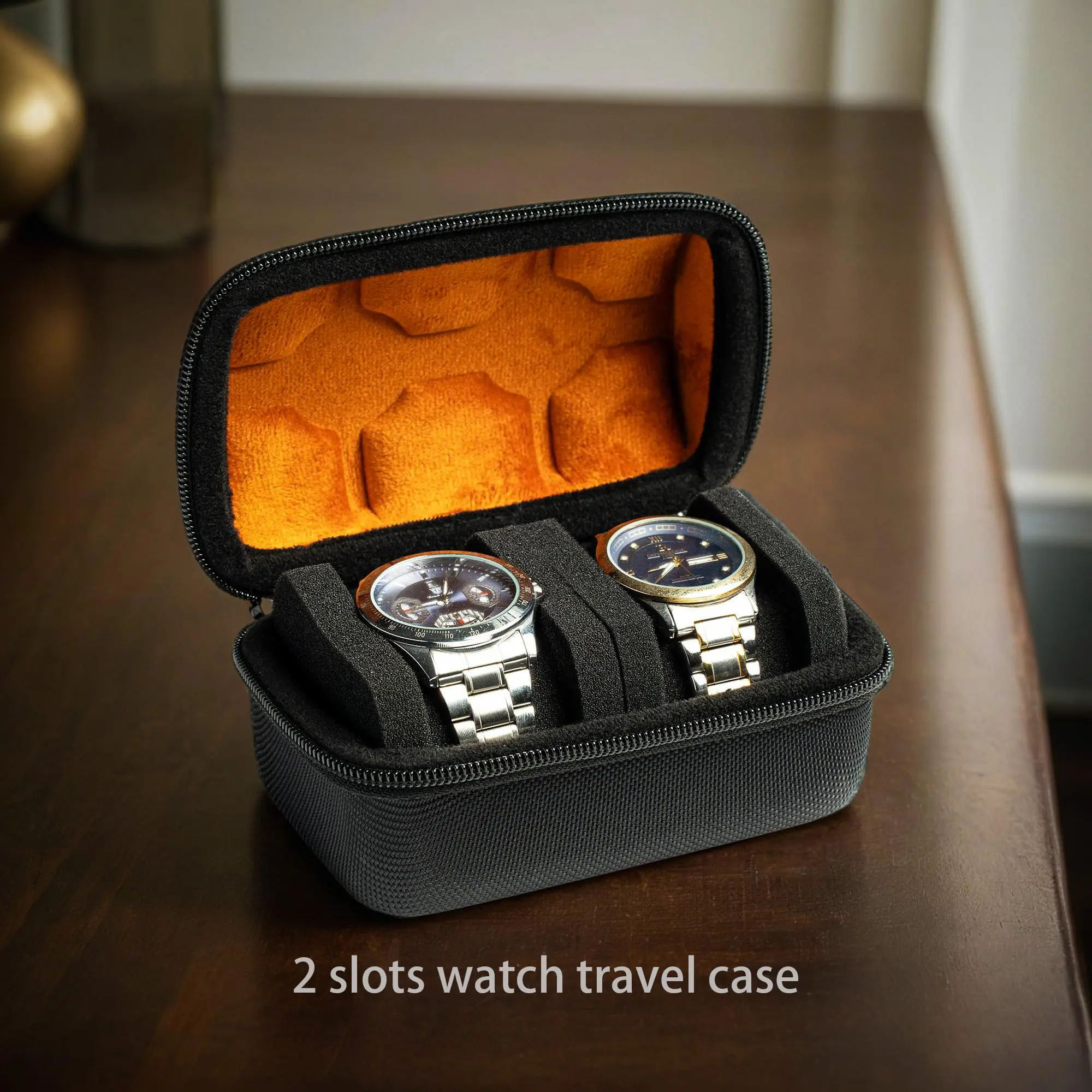 Men's 2 Slot Watch Roll Travel Case Hard Zipper Organizer Box for Large Watches with Anti-Move Pillow Microfiber Lining