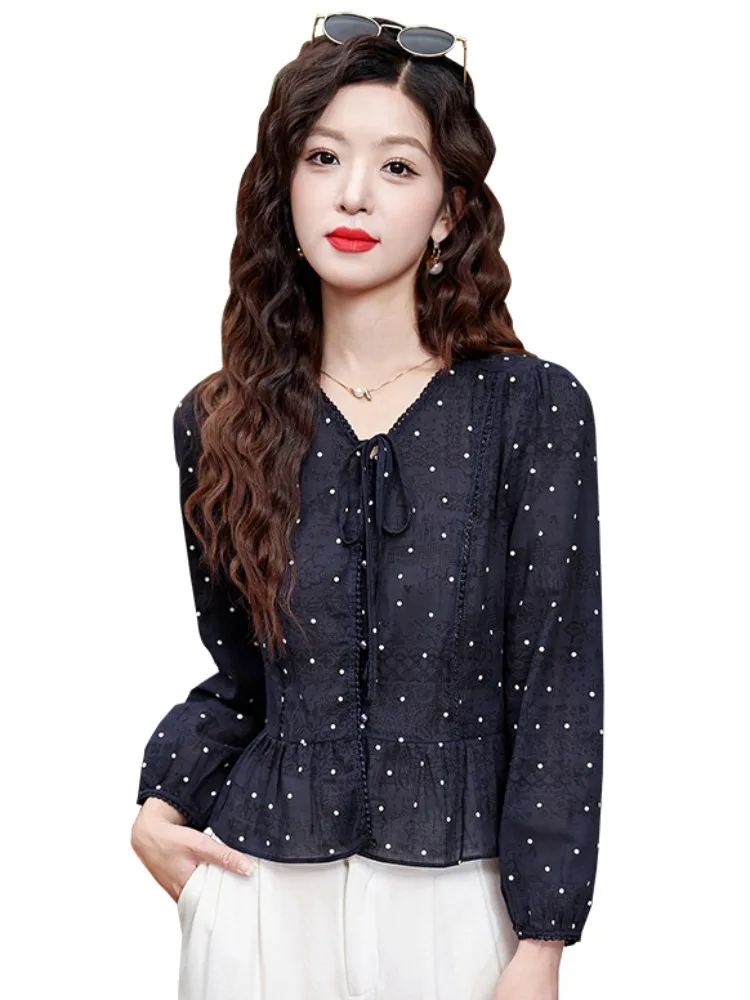 Faionable V-Ne Belted Chiffon irt Women's Autumn 2025 New Sle Slimming Top French Sle Bubble Sve Printed Blouse