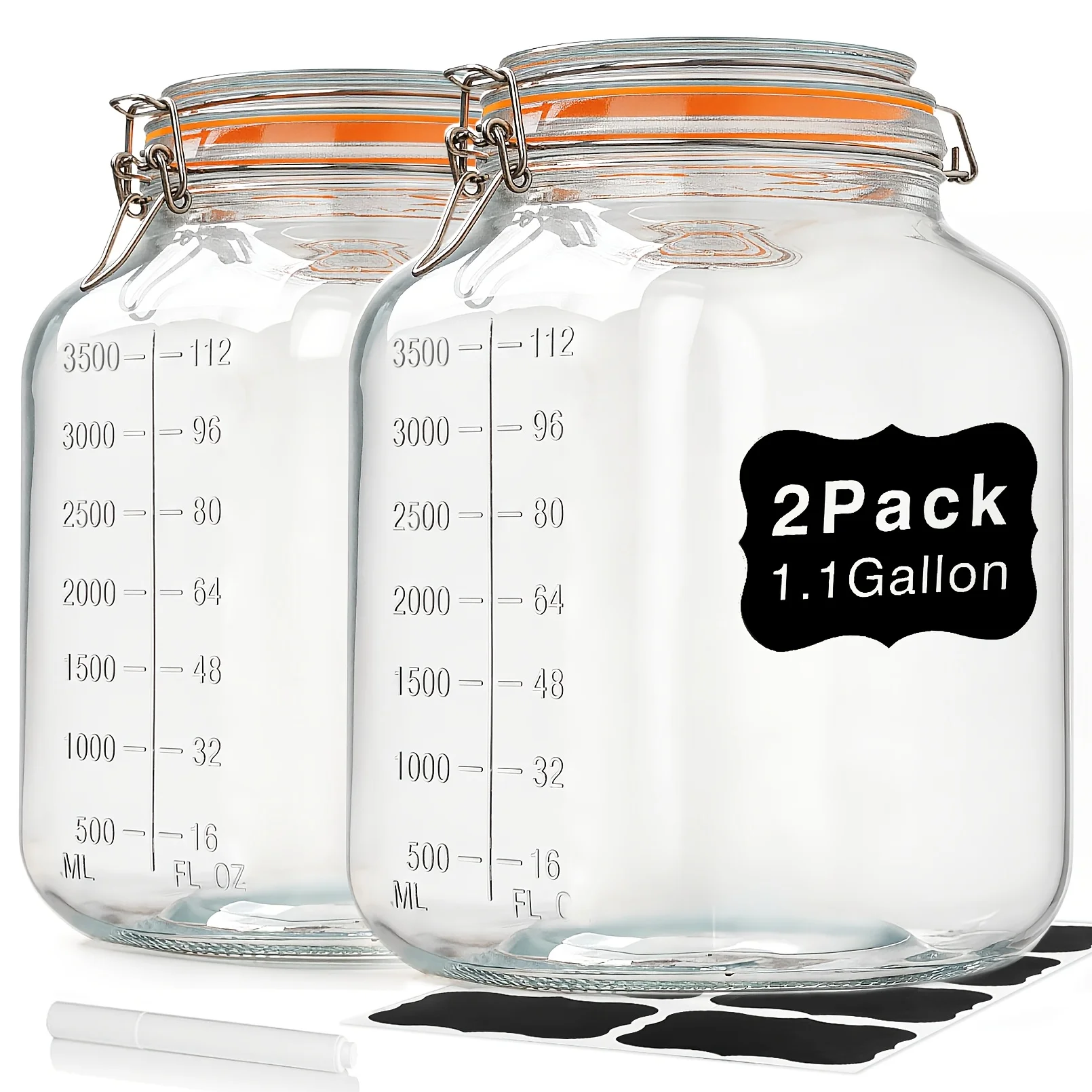 2-Pack Square Glass Storage Jars – 1.1 Gallon Super Wide Mouth, Airtight Leak-Resistant Lids, Built-in Measurement Marks, Smooth Glass Containers for Dry Foods, Spices, Coffee, or Pantry Organization