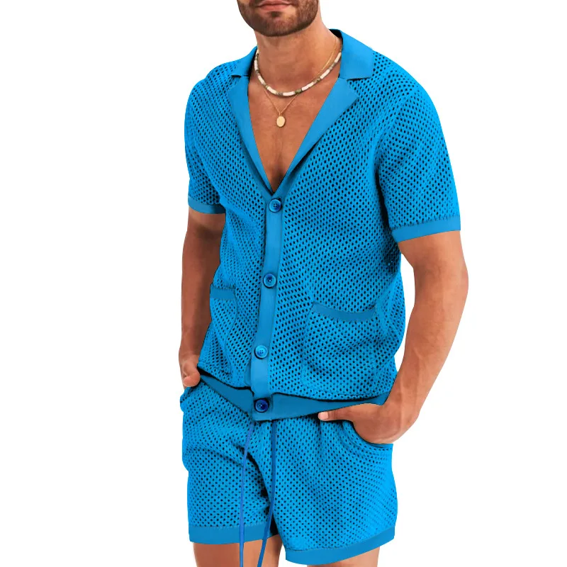 2026 Sommer Herren Ausgehöhltes Dünnes Zweiteiler-Set: Kühles, Atmungsaktives Kurzarm-Oberteil mit Passenden Shorts – Lässiges Alltagsoutfit im lockeren Schnitt – Detail 12