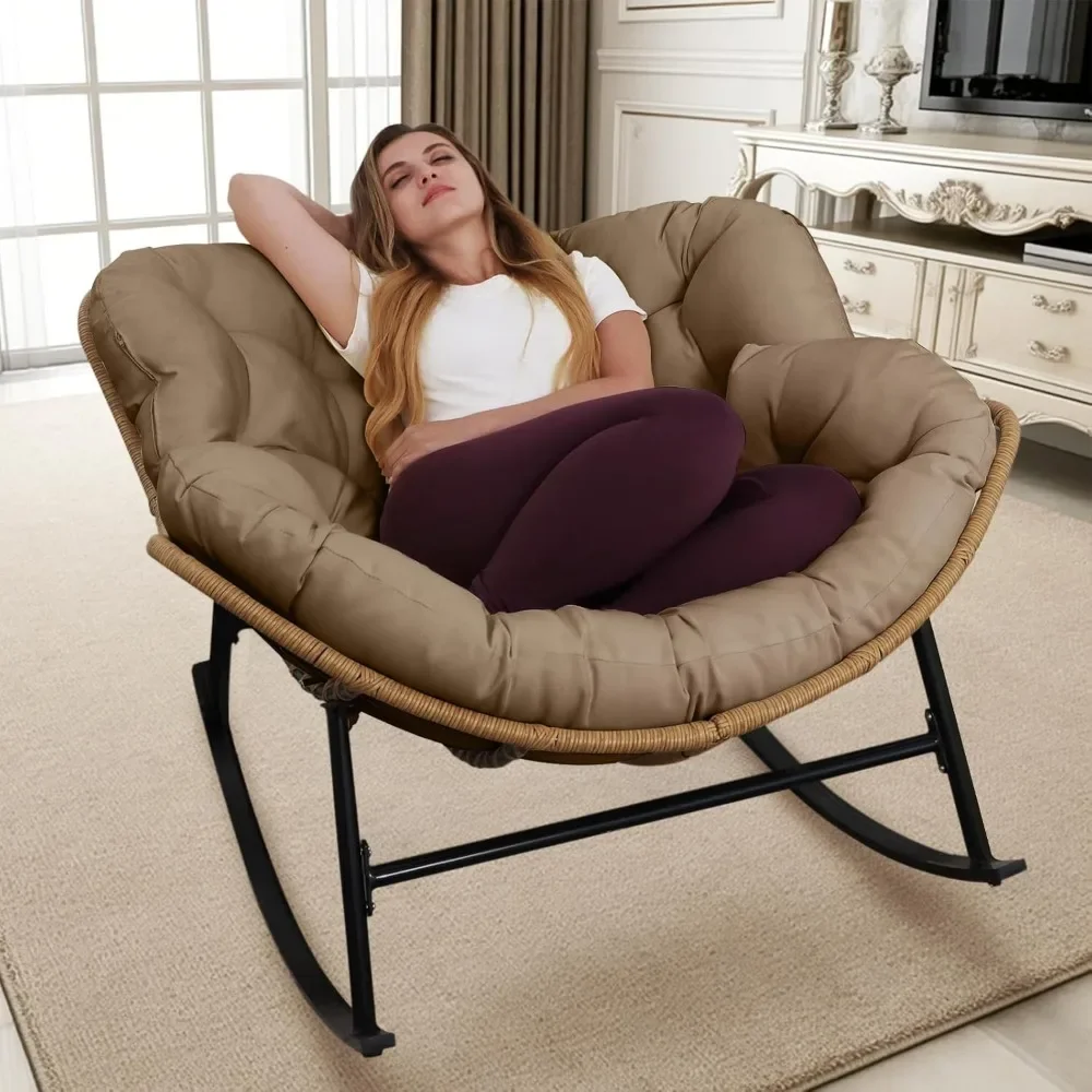 

Outdoor Rocking Chair with Cushions and Frame, Oversized Patio Lounge Chair, Rattan Comfortable Egg-shaped Lounge Chair, Brown