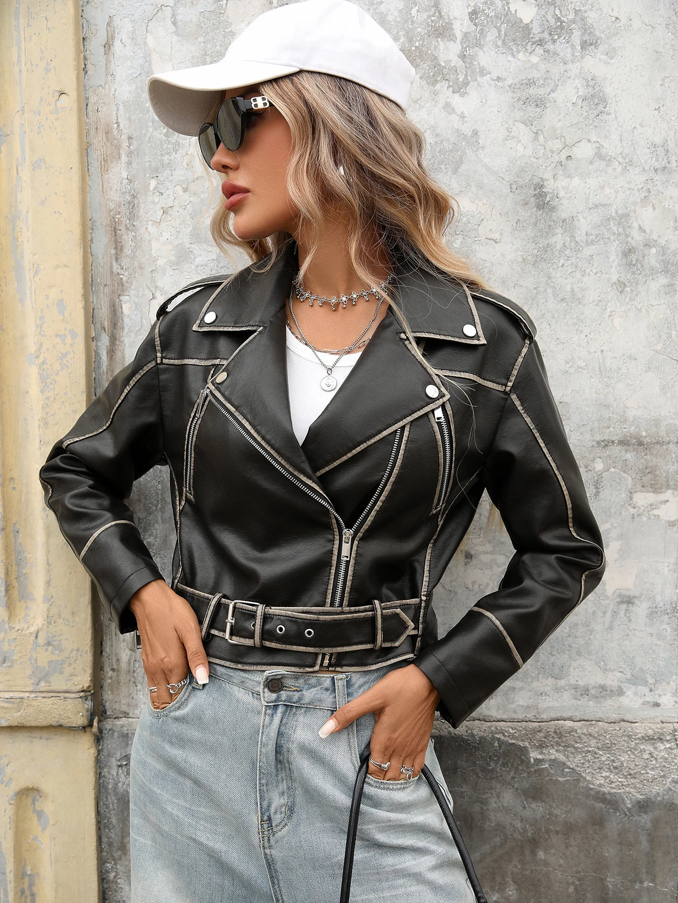 Fitaylor primavera outono feminino jaqueta de couro do plutônio casual senhora lapela zíper moto motociclista jaqueta vintage feminino outwear com cinto