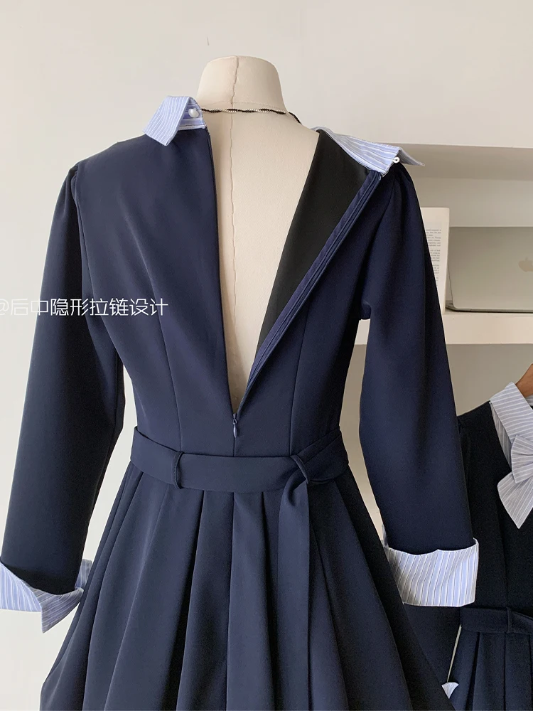 Women\'s Navy A-line Bow Dress Vintage Preppy Style Long Sleeve Mini Dresses Y2k Elegant Party Club One Piece Frocks Clothes 2024