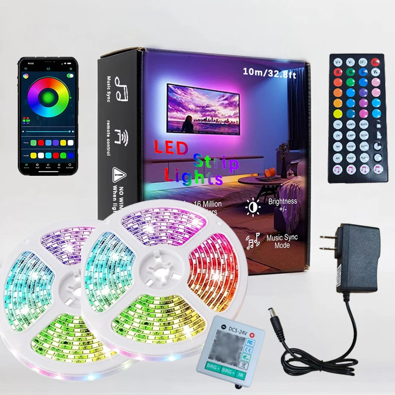 

Светодиодная лента RGB длиной 66 футов (2 рулона по 32,8 фута) с пультом дистанционного управления на 44 кнопки и управлением через приложение, синхронизация с музыкой, светодиодные ленты для декора интерьера