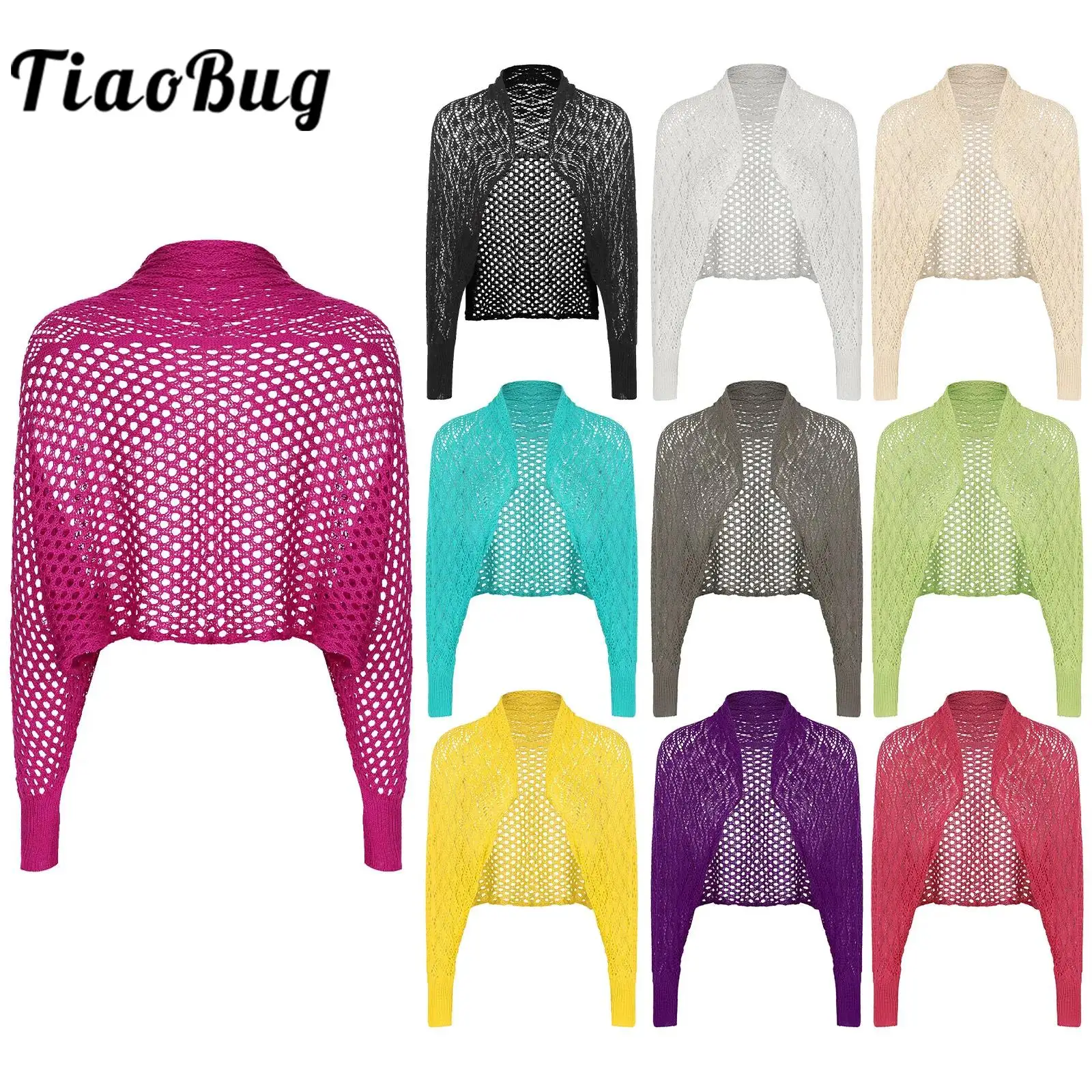 

Womens Hollow Out Knitted Cardigan Shawls Femme Wedding Party Accessories See-Through Open Front Bolero Shrug Long Sleeve Wraps