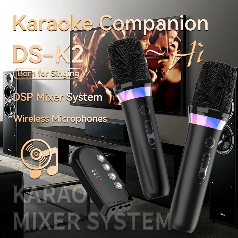 New DS-K2 Karaoke Companion Bluetooth Wireless Moving-Coil Microphone With RGB Light KTV DSP Mixer System For Wired Speaker Car