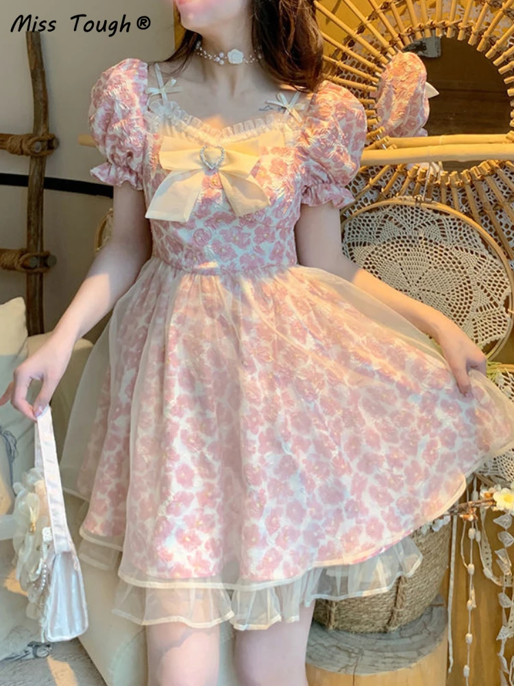 Lace Lolita Print Dress Women French Y2K Patchwork Sweet Party Mini Dresses Female Pink Bow Summer Floral Kawaii Dress 2022 New