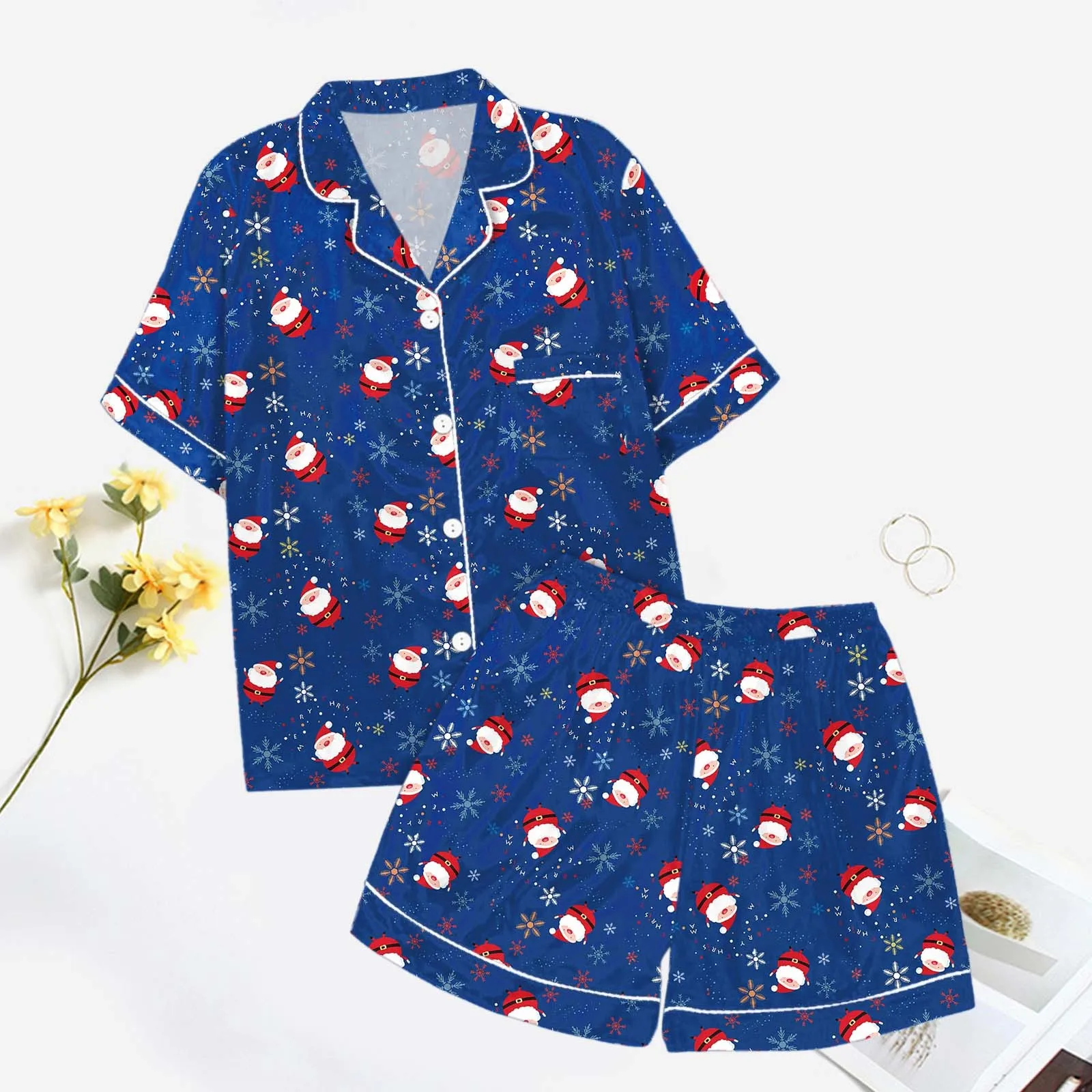 2 PCS Women Pajamas Sleepwear Pajama Set Christmas Bell Print Short-Sleeved Shorts Suit Ventilate Casual Homewear Silk Satin Set