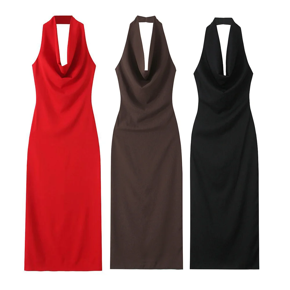 

Taop&Za 2024 Temperament Slim Halter Collar Elegant Solid Color Long Backless Midi Dress Women's Winter New Products