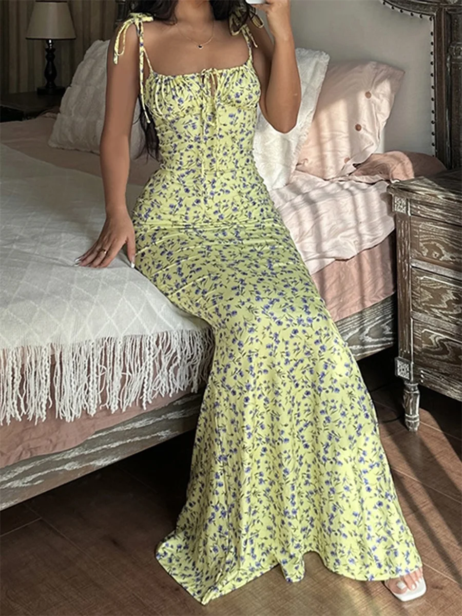 فساتين النساء السباغيتي حزام الرباط تصميم الأزهار طباعة سليم صالح فساتين Bodycon طويلة مثالية لفصل الصيف الربيع الساخن بيع