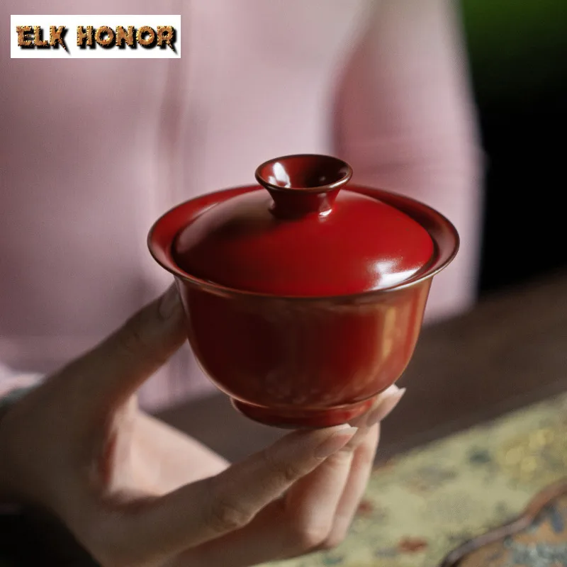 Boutique Cinnabar Red Galze Covered Bowl 1 Bowl 1 Cup Portable Travel Tea Set Single Person Tea Making Kung Fu Teaware Gift Box