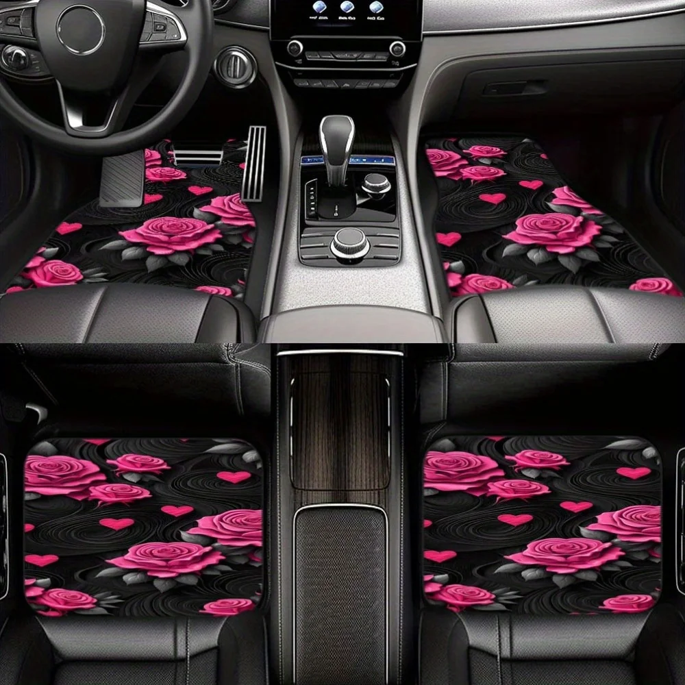 Pink Rose Spiral Pattern Car Floor Mats Carpet Front And Rear Seat Floor Mats Car Interior Front And Rear Seat Dustproof Car Int