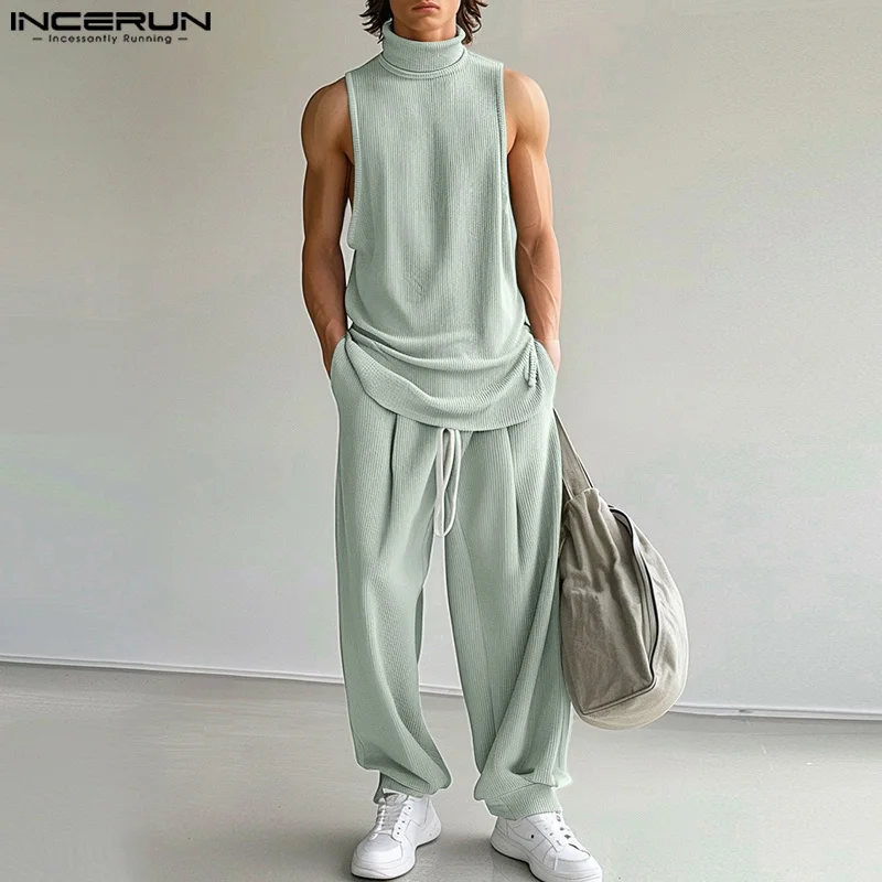 2024 Men Sets Solid Color Streetwear Turtleneck Sleeveless Tank Tops & Drawstring Pants 2PCS Fashion Men\'s Casual Suits INCERUN