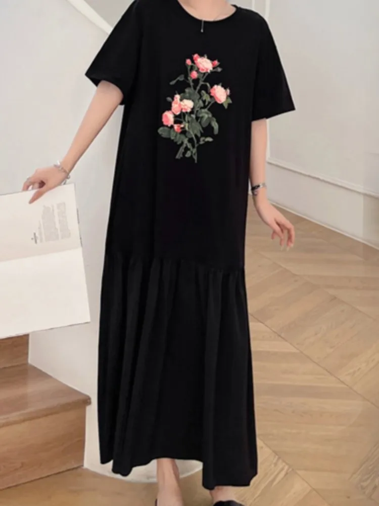 فستان نسائي كوري جديد صيفي كبير الحجم من فيستدوس رداء Elbise فضفاض مرقع هيم طباعة كم قصير فستان طويل فيستدوس