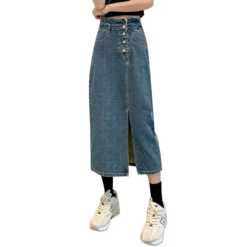 2023年夏ファッション ハイウエストデニムミニミディスカート レディース トレンド スリムフィット Aラインスカート フロントスリット入り カジュアル コットンブレンド