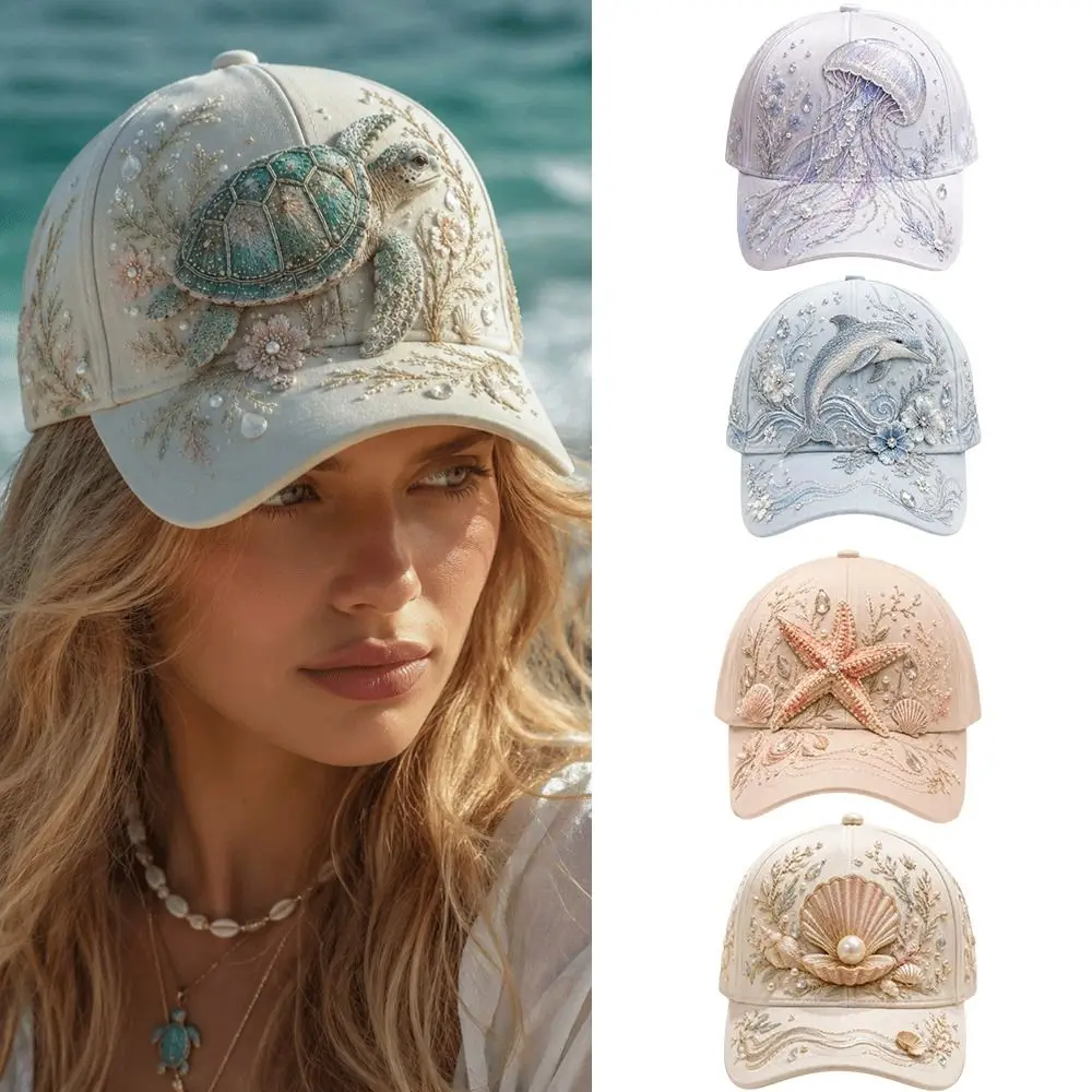 Fashion 3D Ocean Creatures Embroidery Cap Adjustable Lightweight Peaked Cap Ethnic Style Breathable Baseball Cap for Women