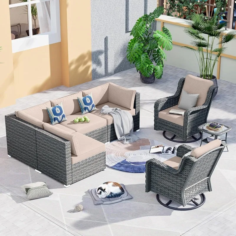 

Furniture with Swivel Rocking Chairs,7 Pieces Patio Furniture with Side Table,All Weather PE Rattan Outdoor Sectional Sofa