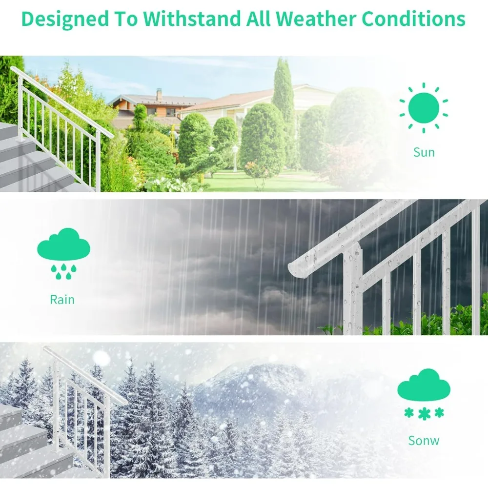 درابزين سلالم خارجي معدني أبيض مع درابزين قابل للتعديل لخطوات واحدة ومجموعة التثبيت #5
