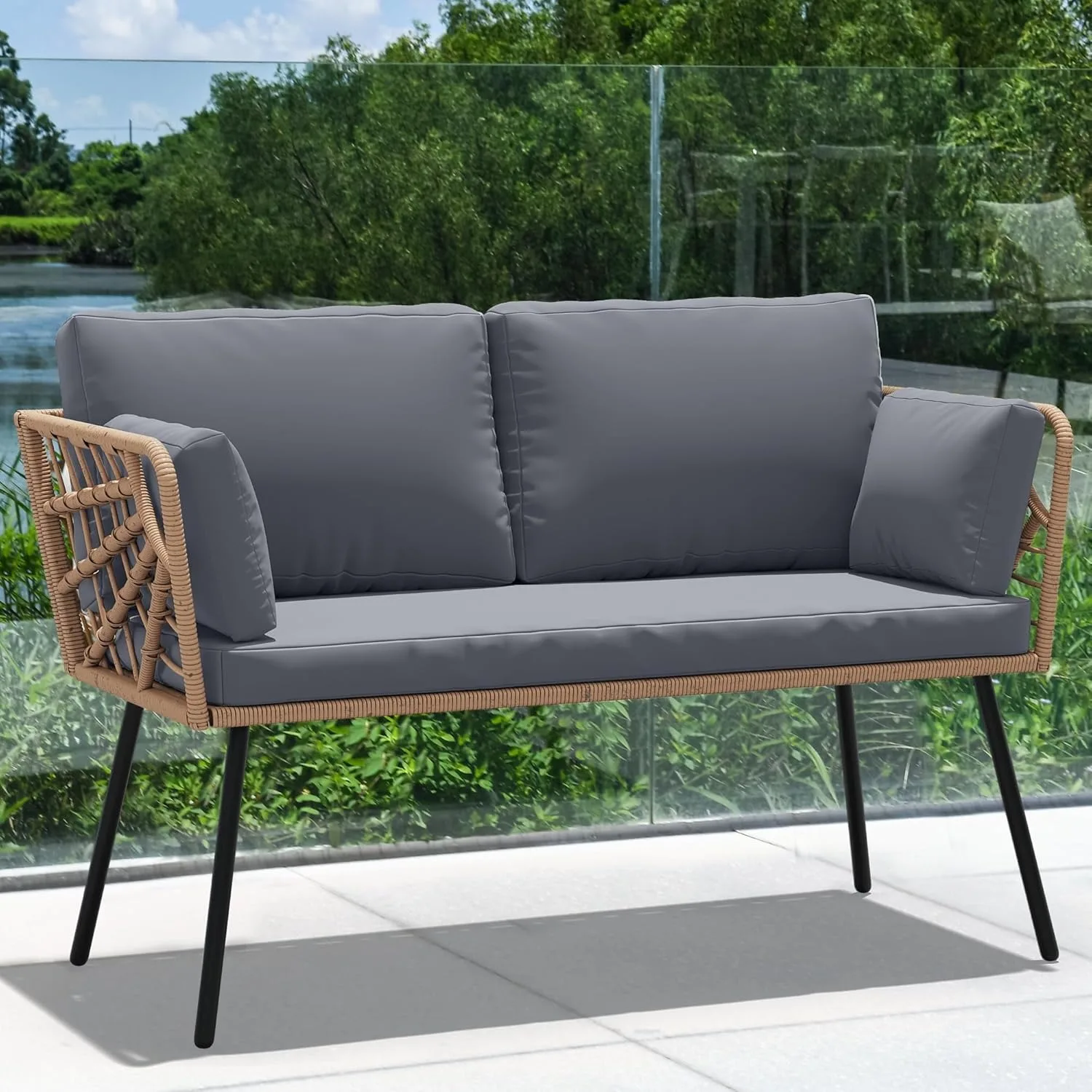 Loveseat-sofá de mimbre para exteriores, conjunto de muebles seccionales para exteriores con mesa, para balcón, Patio trasero, porche, terraza