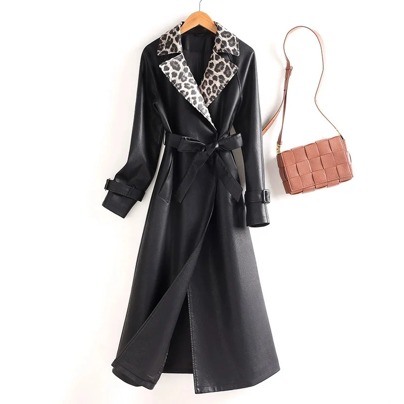 2025 인조 가죽 트렌치코트 여성용 엑스트라 롱 오버코트 봄 가을 배색 레오파드 칼라 허리끈 바람막이 스트리트웨어
