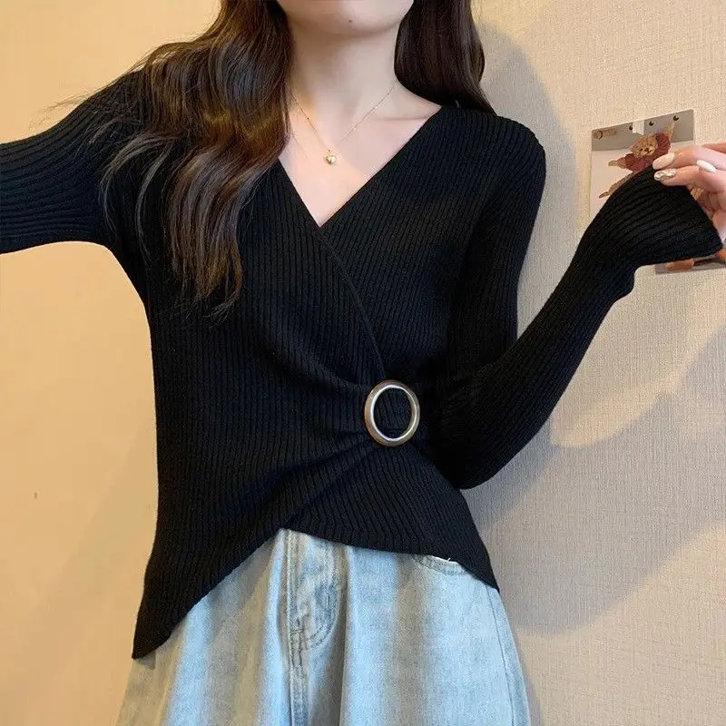 Irregular Fashion Autumn Winter Women\'s 2024 New Splicing V-neck Screw Thread Solid Color Slim Casual Long Sleeve Knitted Tops