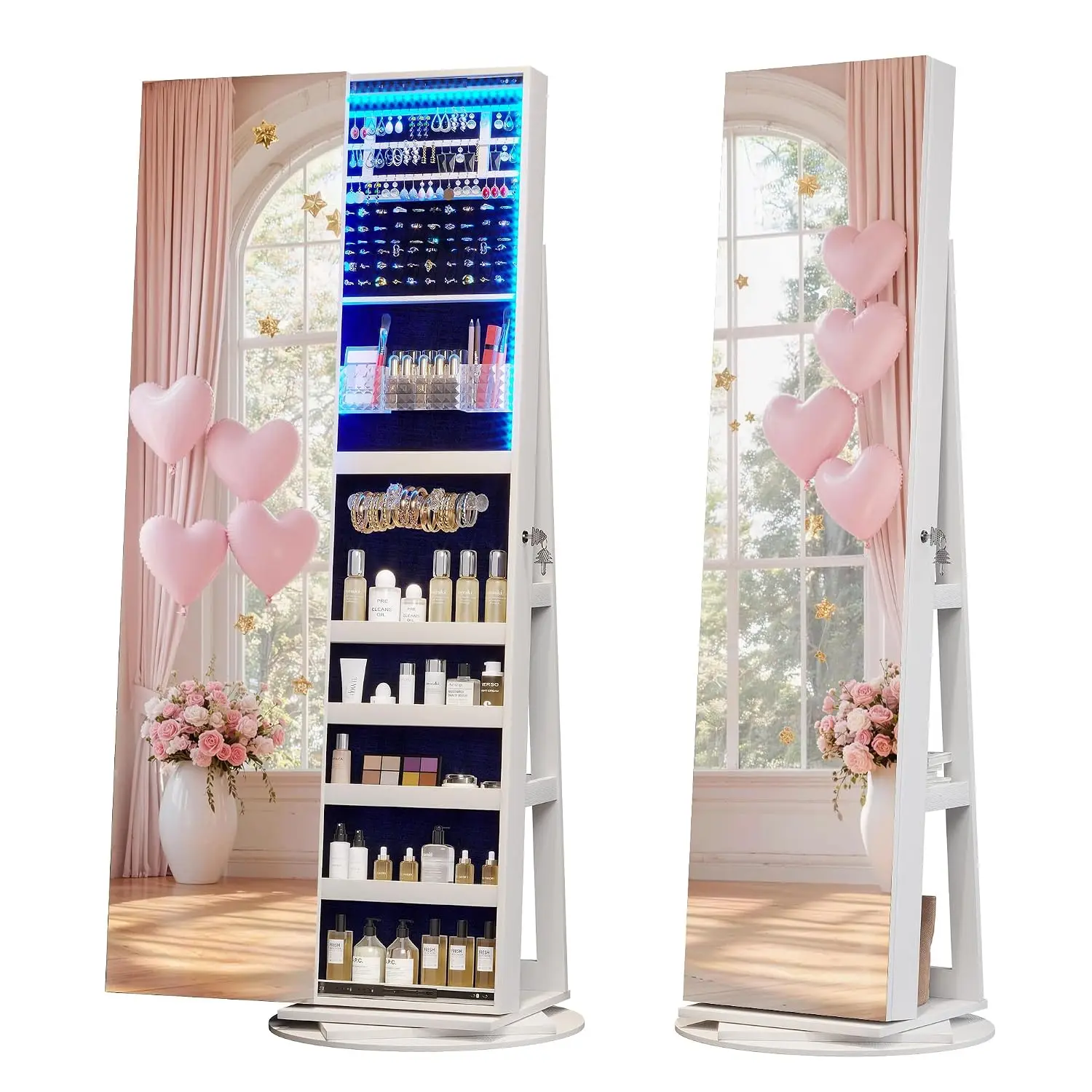 360° Swivel Jewelry Mirror Cabinet with Lights, Standing Jewelry Armoire Organizer, 63