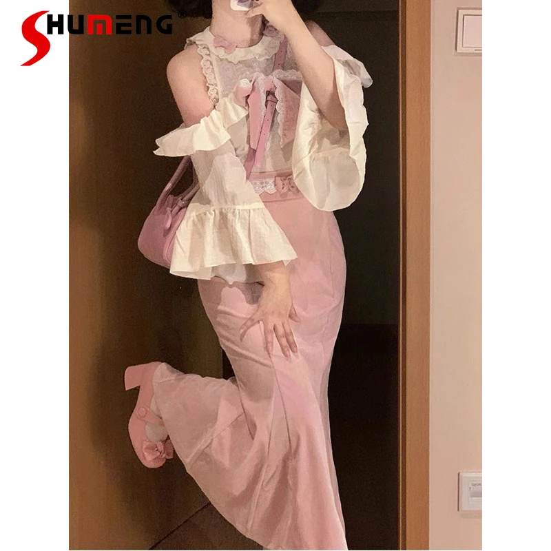 

Japanese Elegant Sweet Round Neck Off-shoulder Long Sleeve Shirts High Waist Slim Bow Fishtail Long Skirts Two-piece Sets Women