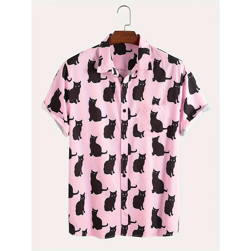 Summer Allover Cat Print Shirt Men\'s Casual Short Sleeve Hawaiian Casual Button Lapel Shirt For Summer Men Clothing Streetwear