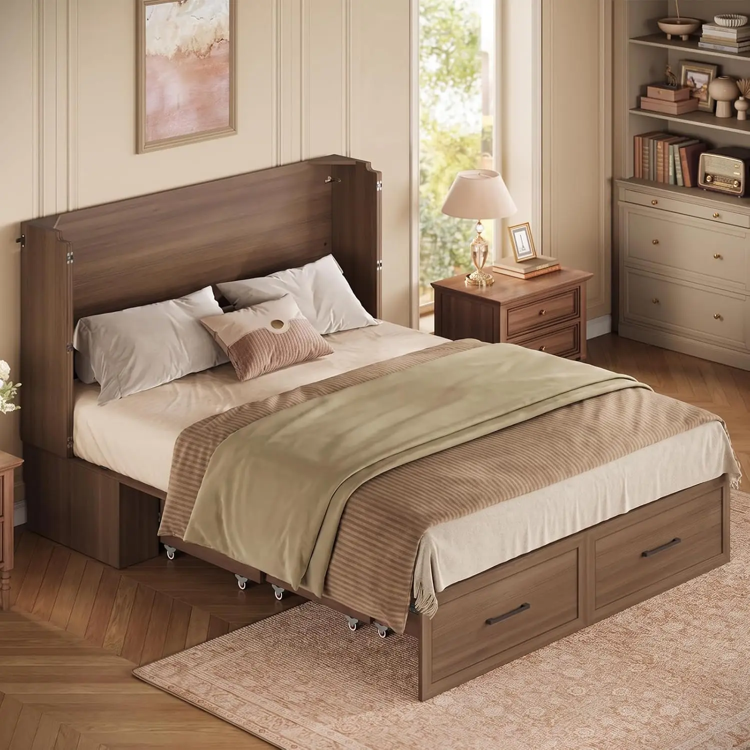 Queen Murphy Bed with Drawer & Charging Station, Storage Cabinet Bed, Space-Saving Hidden Folding Bed Chest,, Customized