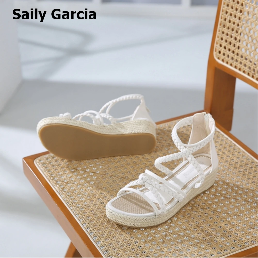 Round Toe Twist Cross Belt Back Zip Flat Espadrilles 2023 Summer New Style Solid Simple Casual Shoes White Open Toe Straw Sandal