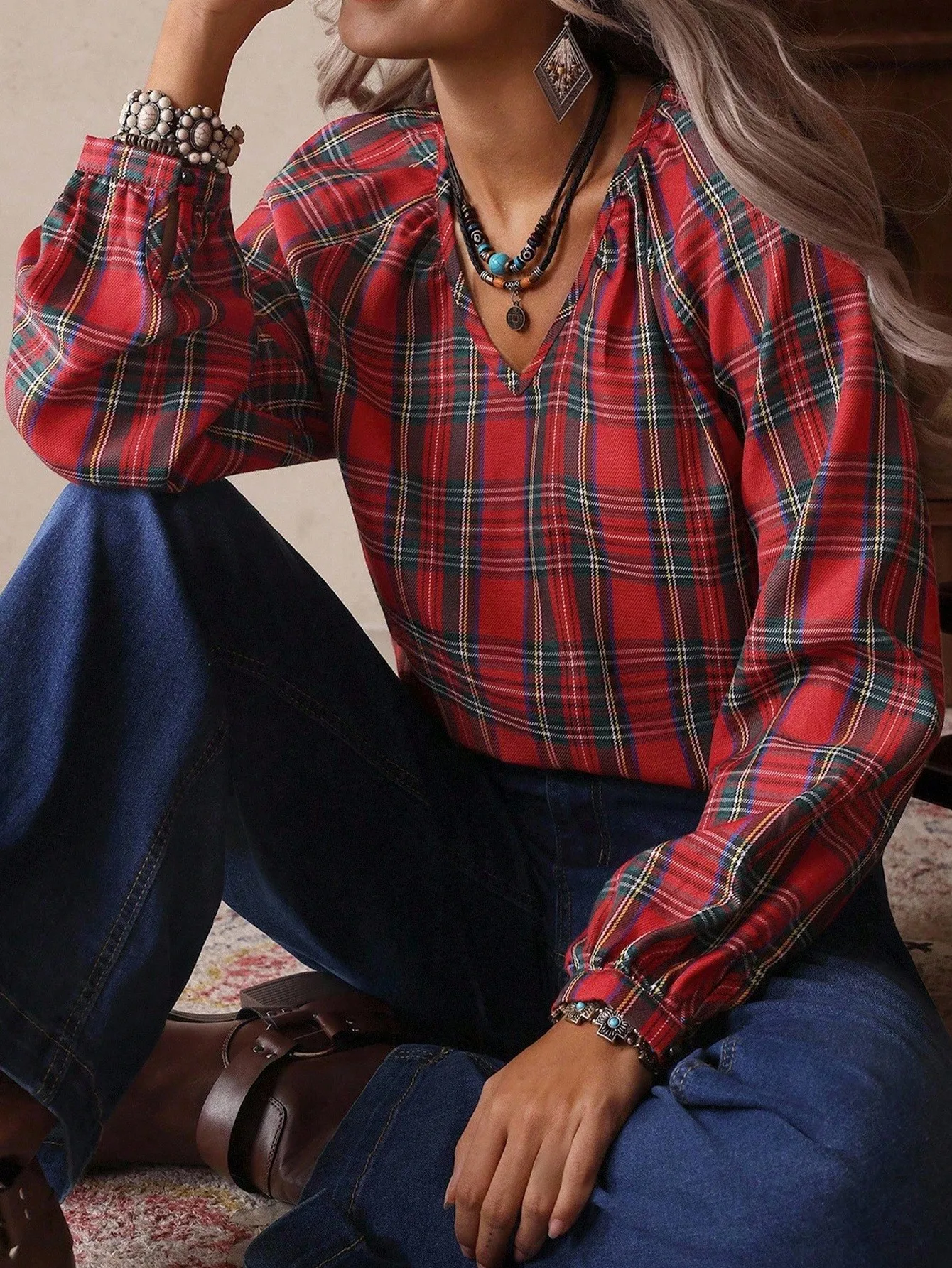 

BWQ Women's Loose Casual V-Neck Plaid Long Sleeve Shirt Blouse, Western Style Shirt, Suitable For Daily Life, Autumn Fall Cloth