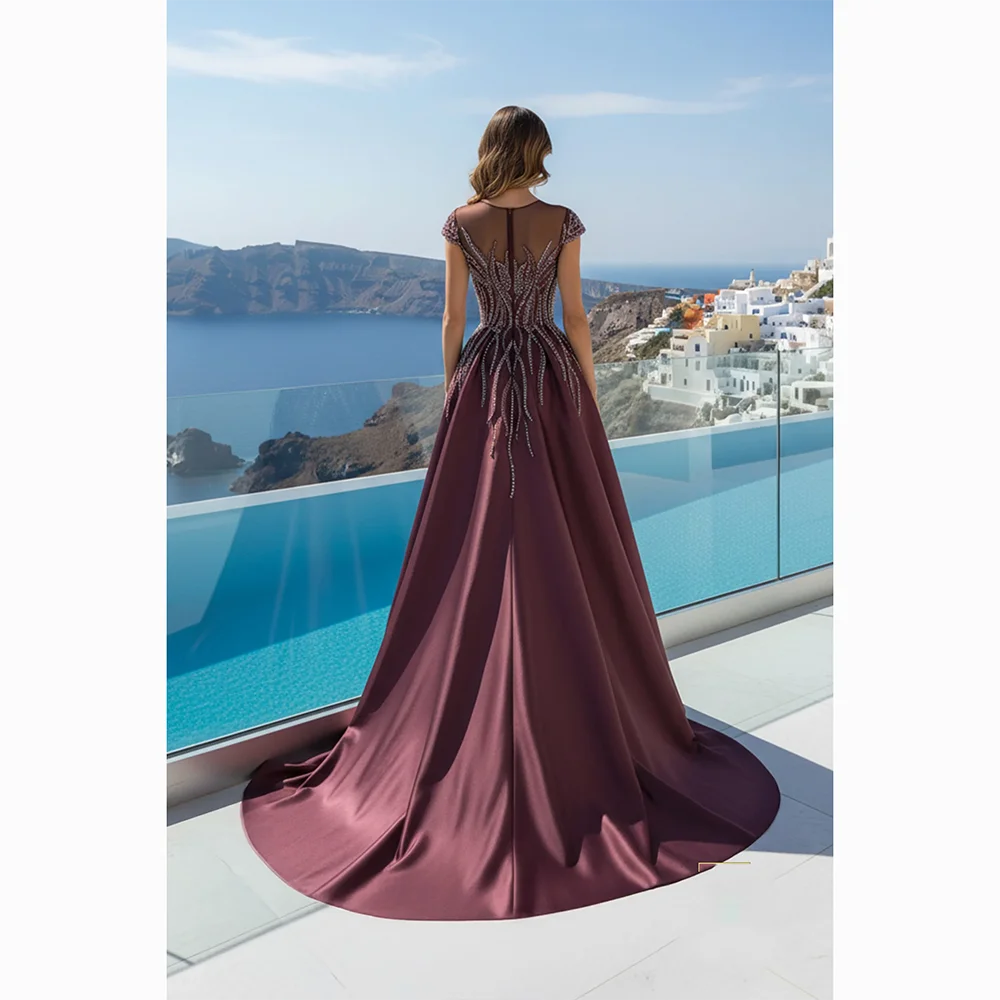 Robes de soirée élégantes manches courtes perle cristal a-ligne robes de soirée longueur de plancher robes de bal robe personnalisée 2025