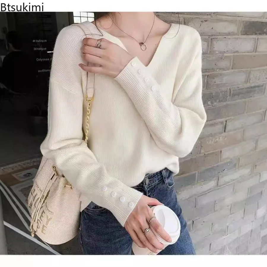 Autunno Inverno Solido Maglione con scollo a V Pullover Donna 2025 Pullover con bottoni larghi Donna Maglione morbido Maglione Moda Top versatili